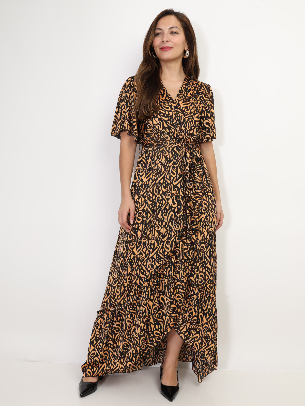 Robe longue cache-cœur à volants- Noir
