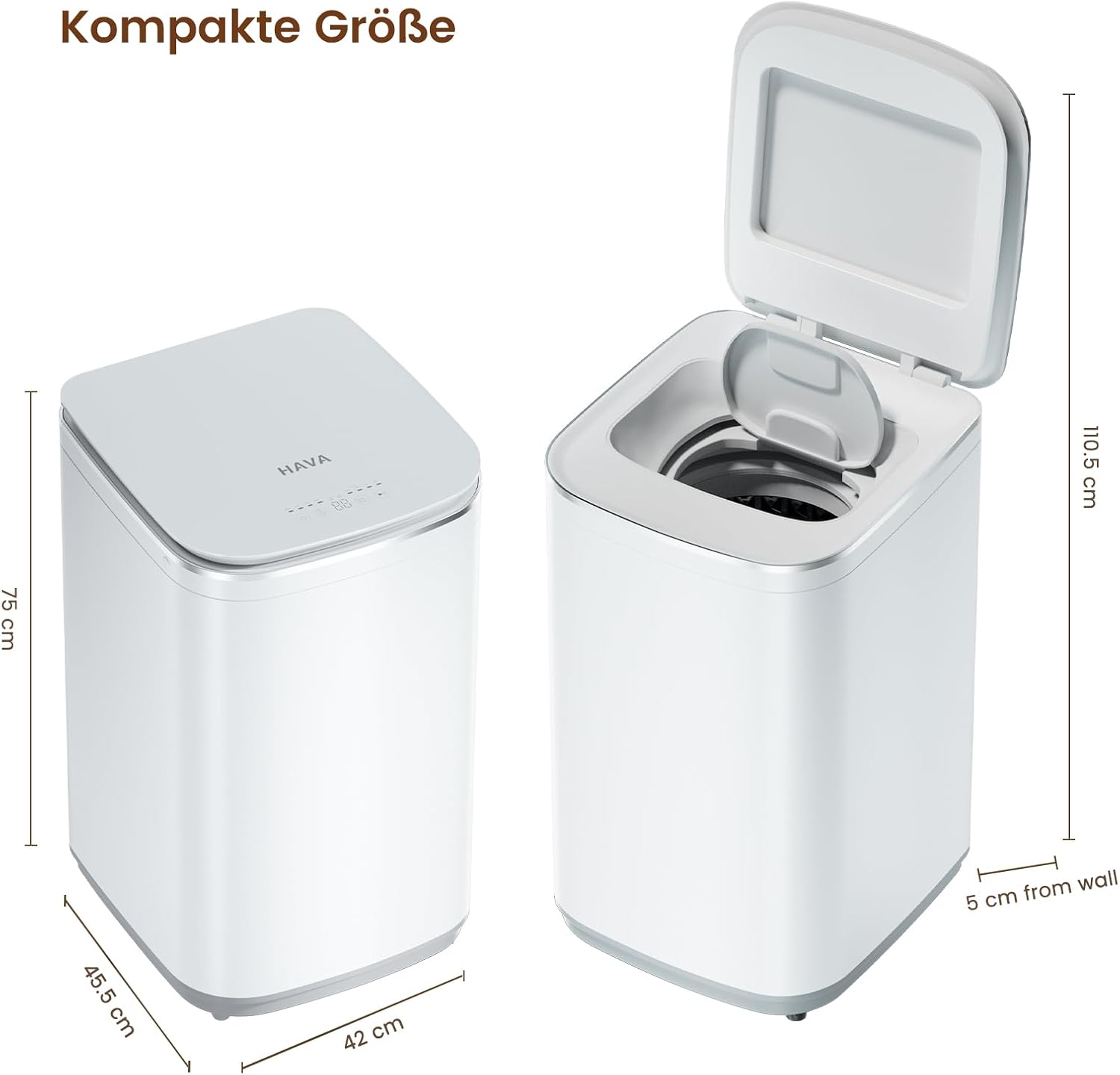 HAVA Mini Waschmaschine, 3 kg Fassungsvermögen Kleine Waschmaschine & Schleuder, Vollautomatisch mit 8 Programmen, Heißwaschfunktion & Ablaufpumpe, Platzsparend für Wohnungen, Wohnheime und Wohnmobile