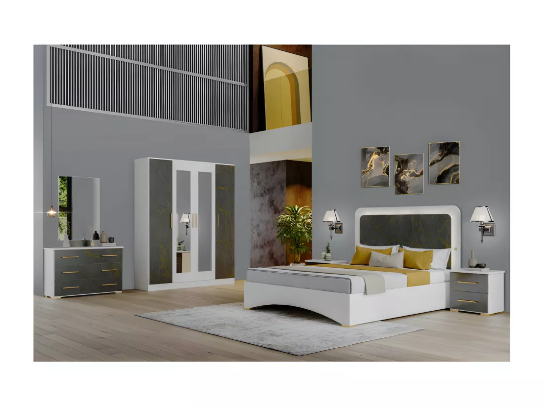 Chambre complète 160x200 Blanc/Marbre gris brillant à led - MARGUERITE