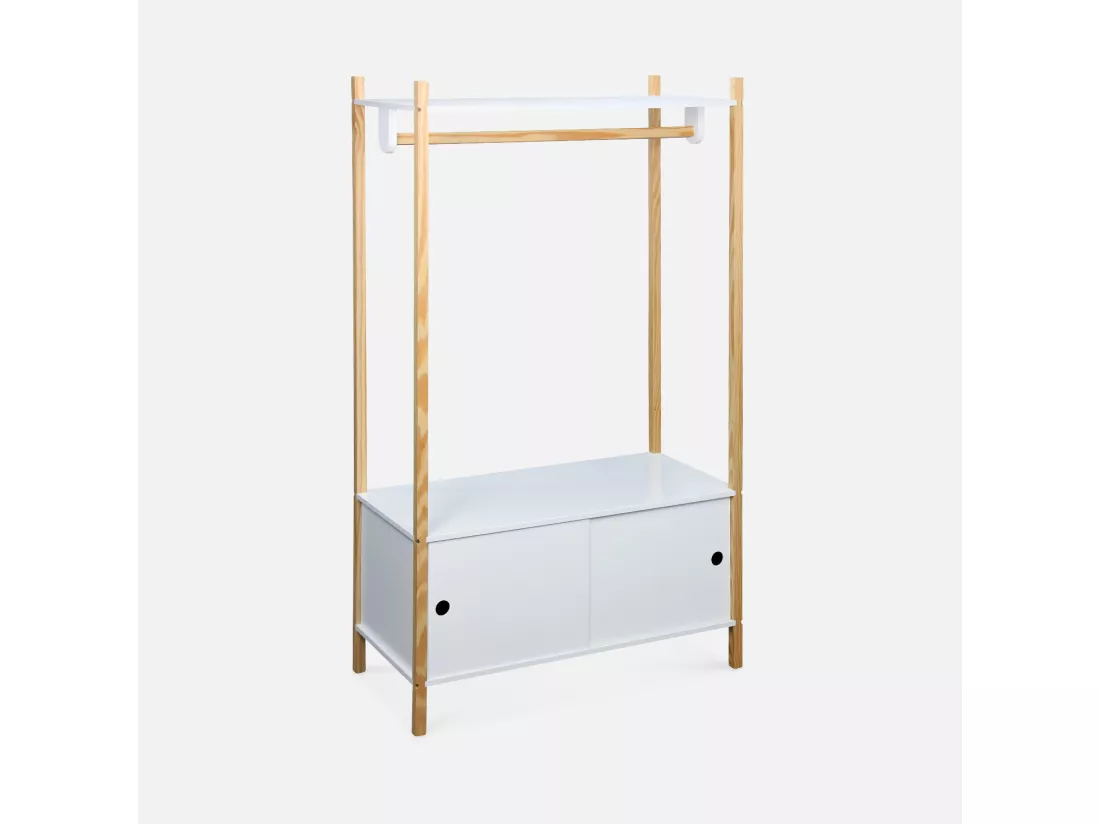 Penderie pour enfants - TOBIAS - deux portes coulissantes et portant bois massif en pin naturel blanc. 80X40X136.5CM