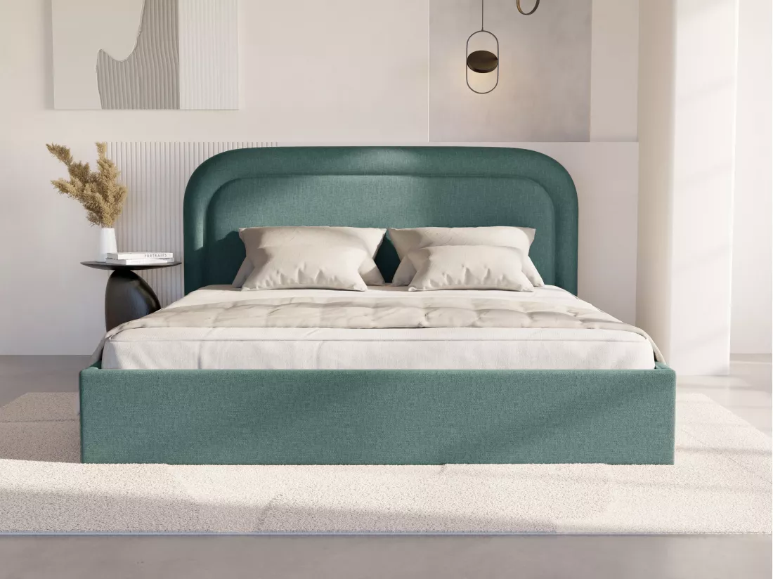 Lit coffre 140 x 190 cm - Tissu chiné - Bleu canard - FIREZA