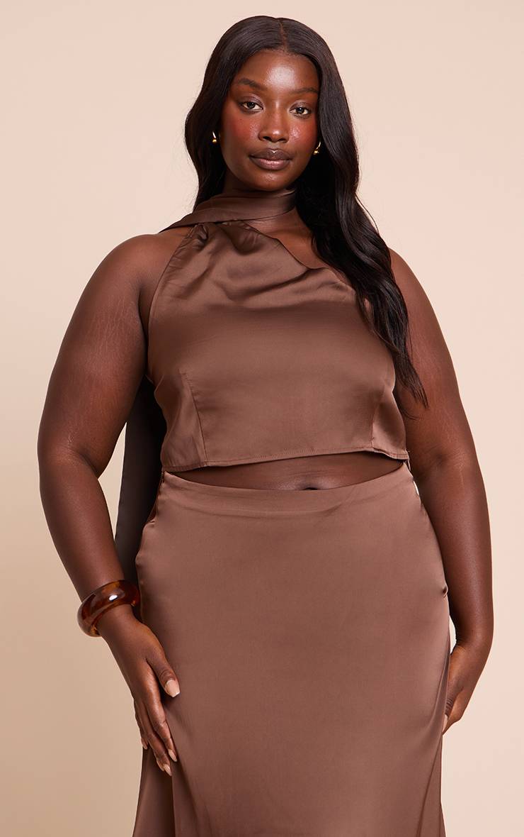 Marron Foncé Ensemble Crop Top Grande Taille À Détail Foulard Imprimé En Satin