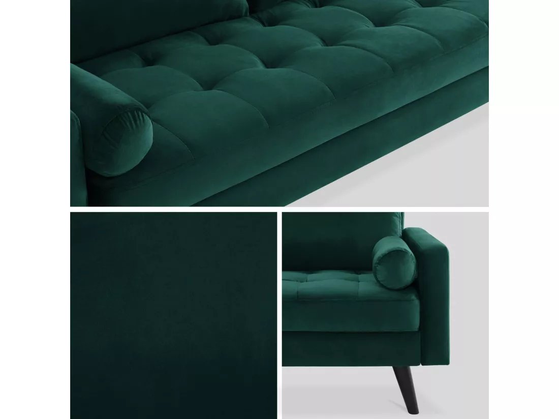 Canapé en velours vert anglais. 3 places scandinave fixe. droit. pieds bois noir