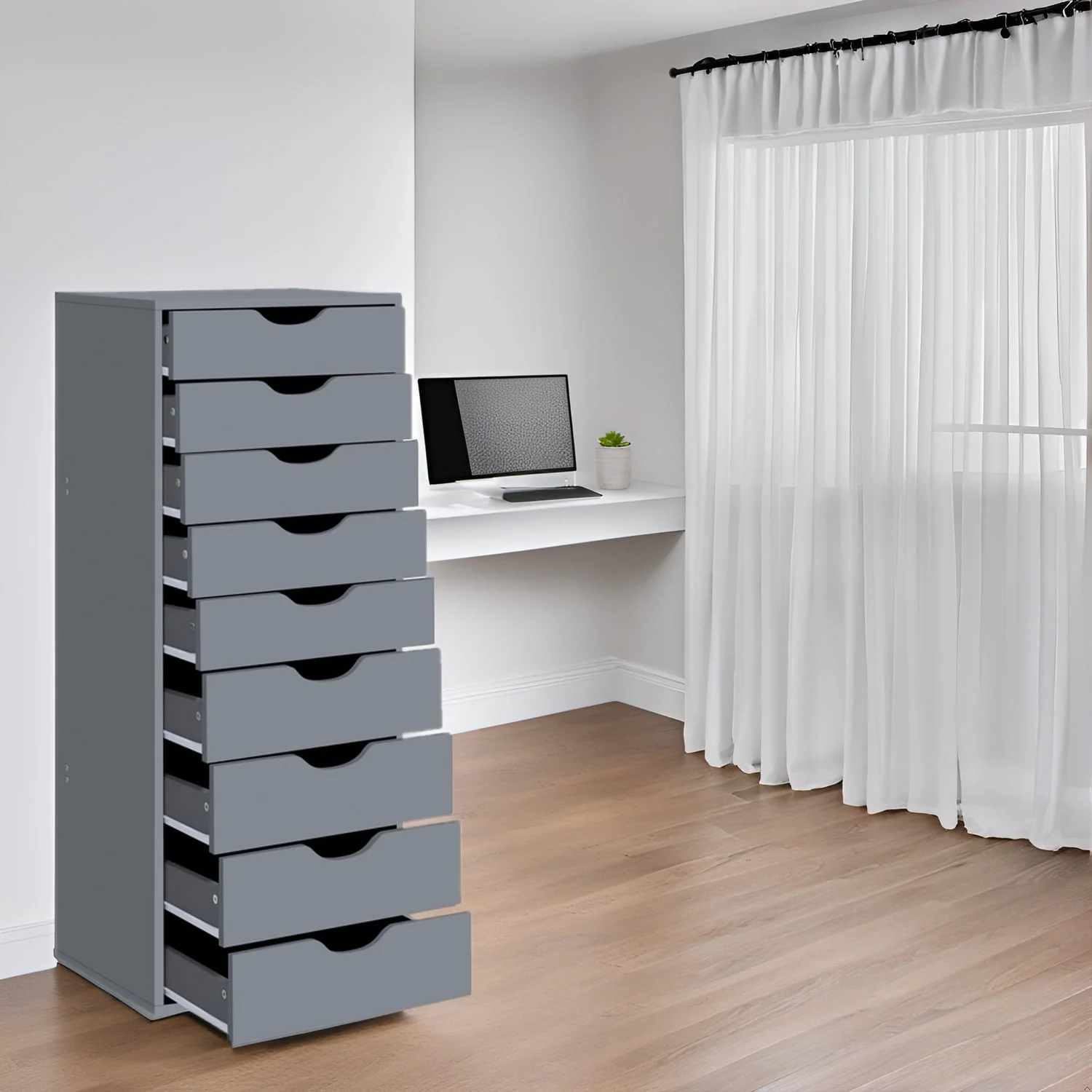 Narrow Wooden 9-Drawer Cabinet with Smooth-Glide Drawers and Top Storage Shelf
