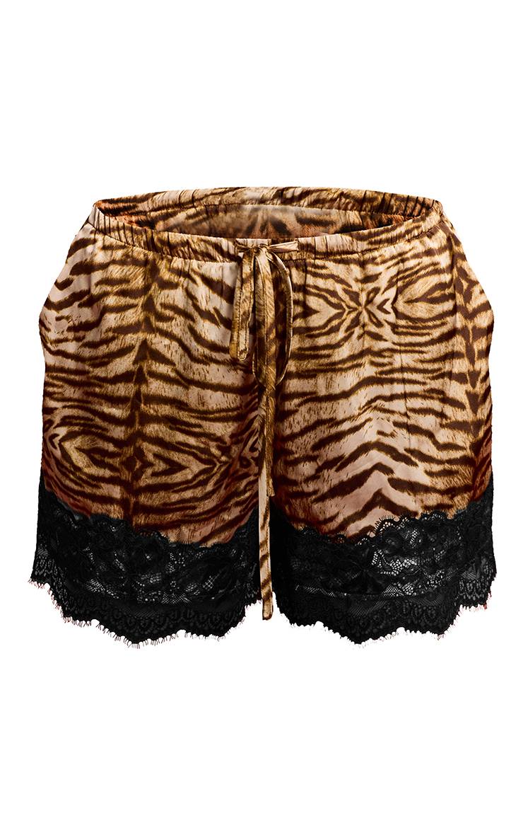 Multicolore Short Fluide En Satin Imprimé Animal Avec Ourlet En Dentelle