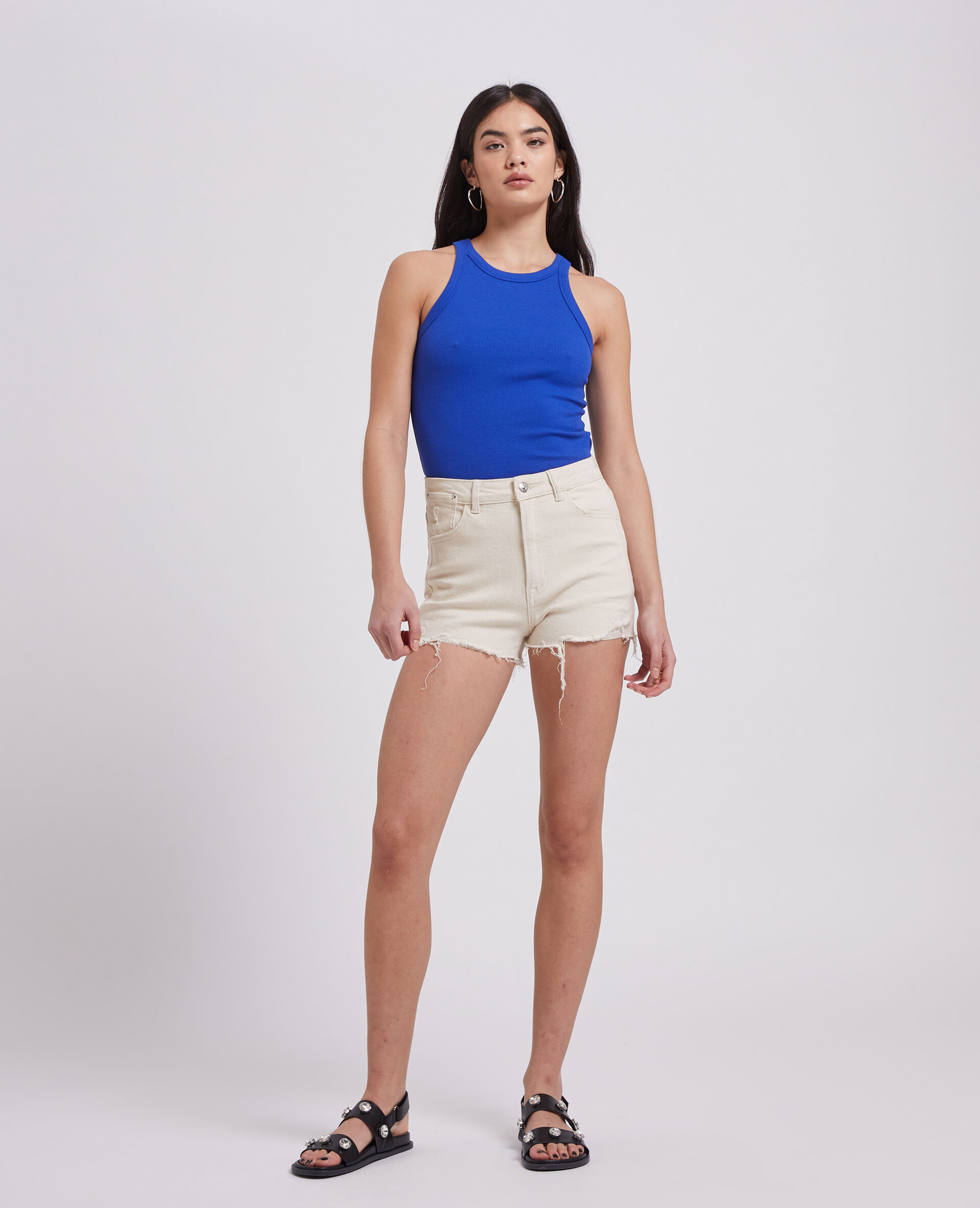 Short en jean destroy taille haute - Écru