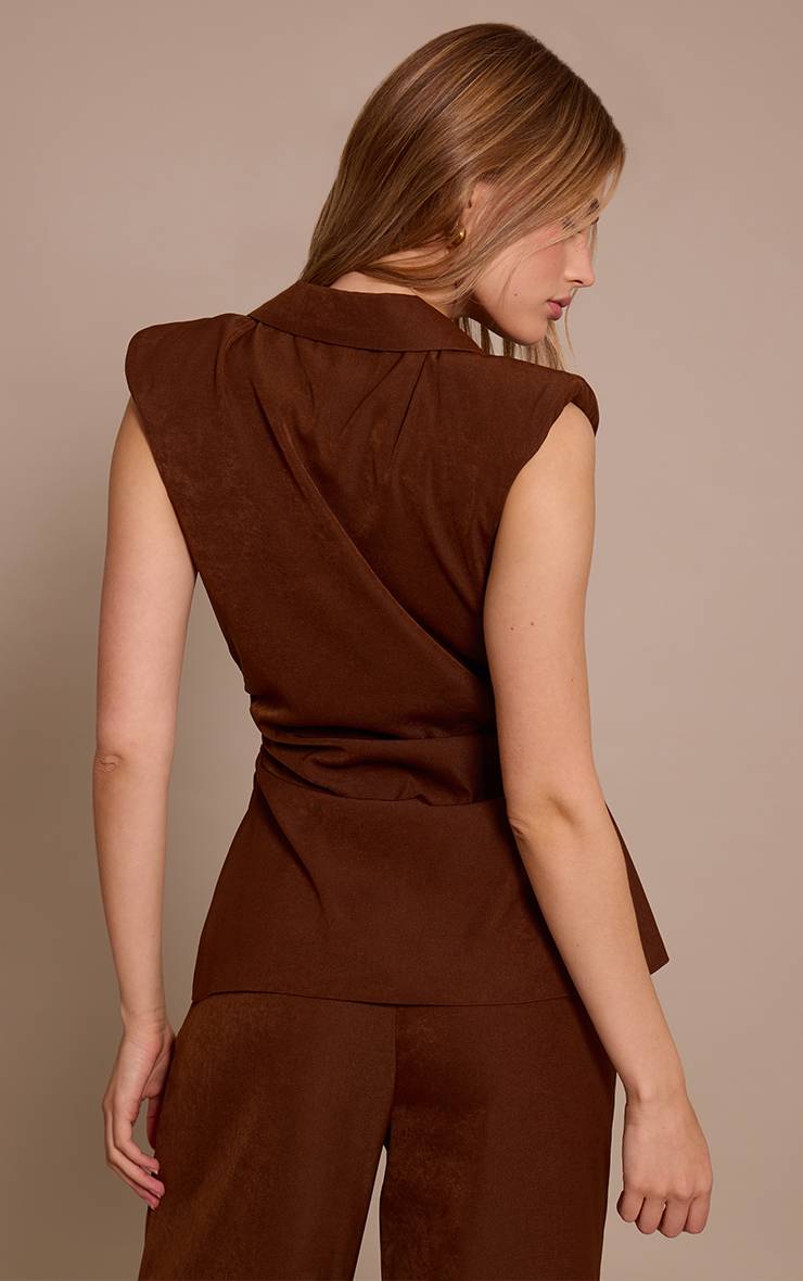 Chocolat Ensemble Coordonné Gilet Cintré Taille Froncée Épaulettes Tissu Tissé
