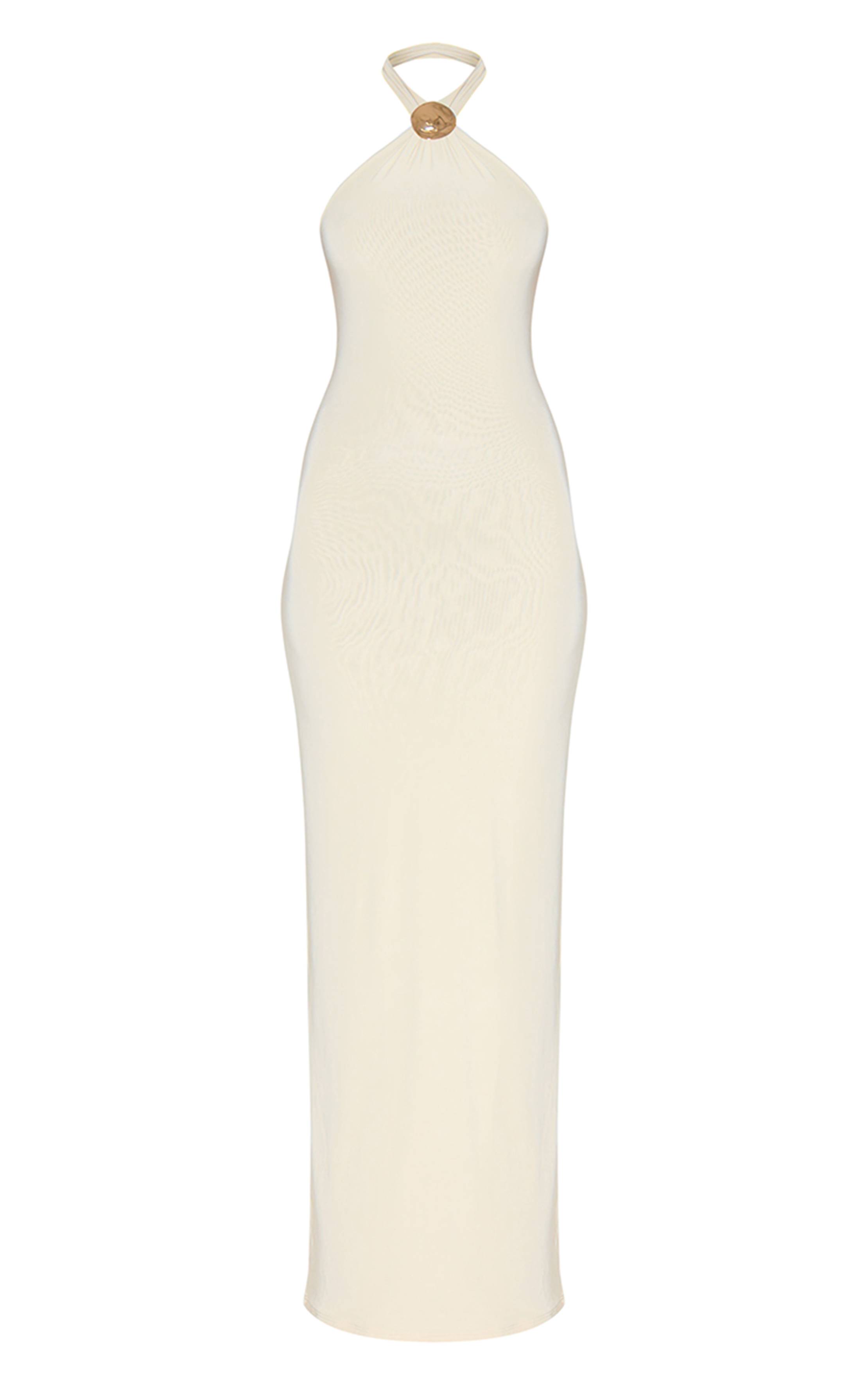 Amande Robe Longue À Double Couche En Tissu Slinky Avec Encolure Dos-nu Et Détail De Finition