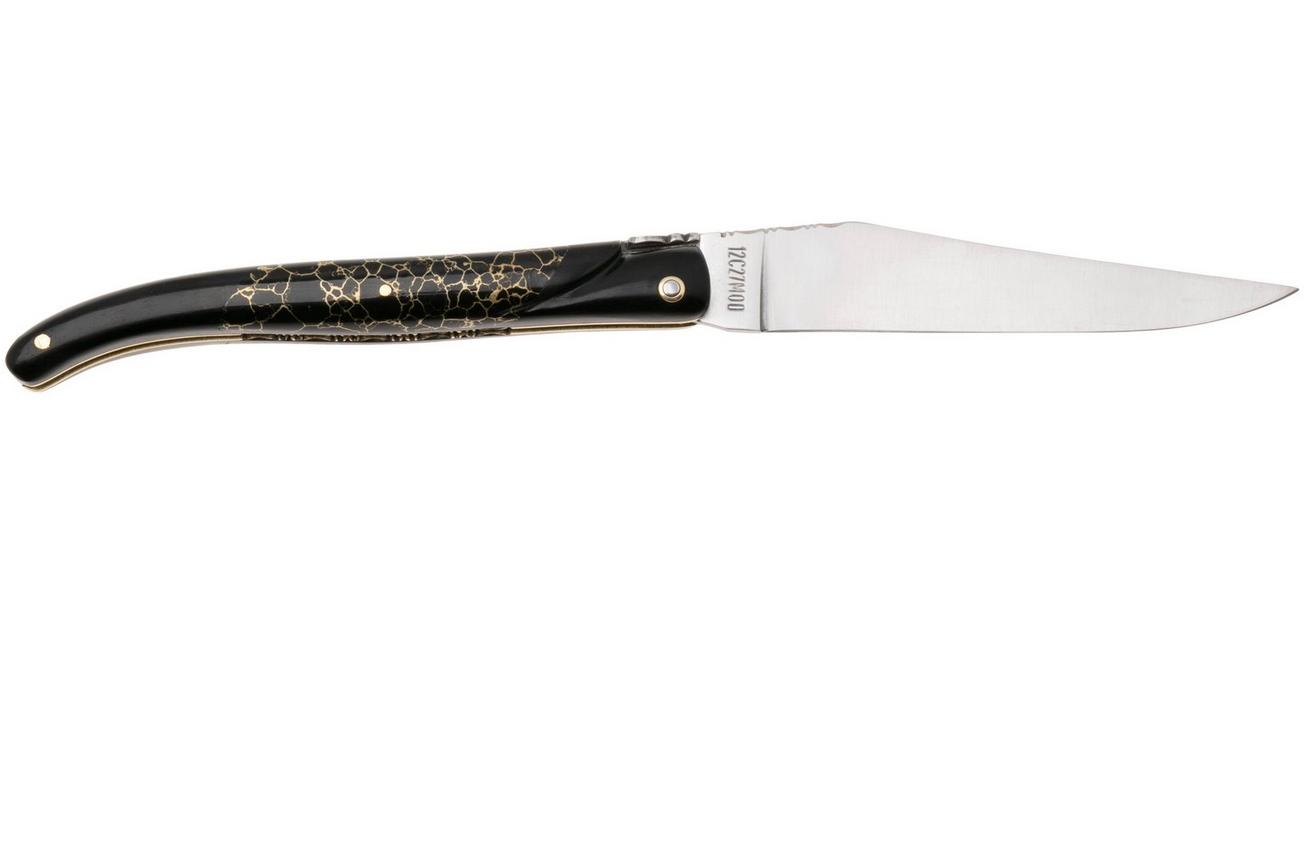 Laguiole en Aubrac Ebony, Onyx Gold Inlay, Handcarved Gold Brass Plates, zakmes, 12 cm