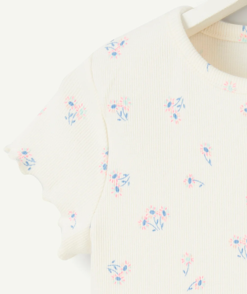 pyjama manches courtes fille en coton bio blanc imprimé fleurs
