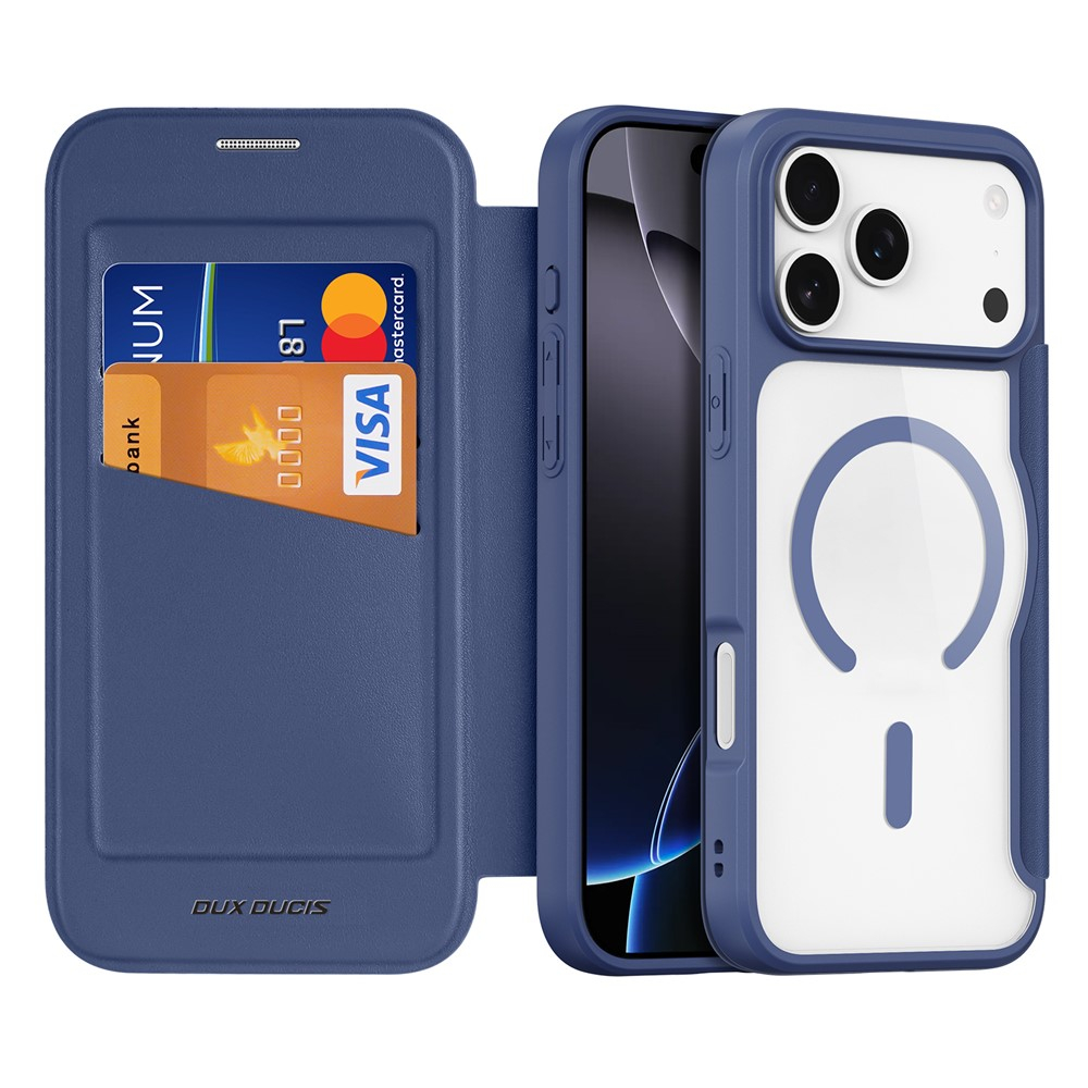 iPhone 17 Pro MagSafe Hybrid Leder Tasche   Kunststoff Rückseite (RFID Schutz) - Blau / Transparent