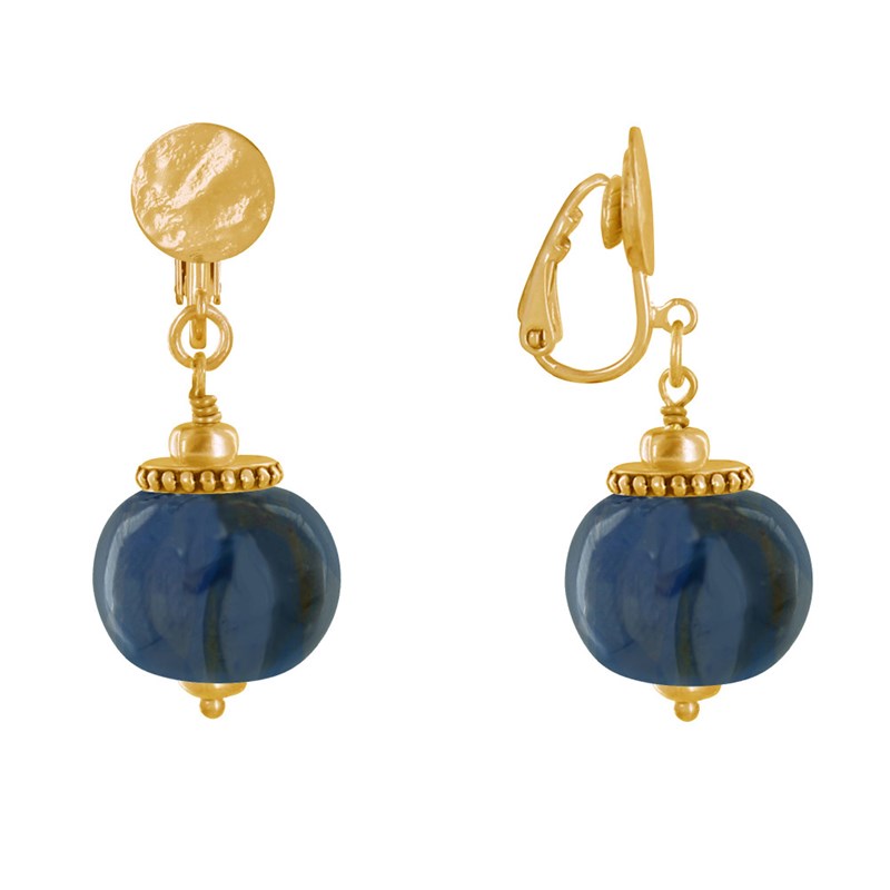 Boucles d'Oreilles Clip Métal Doré et Grosses Perles en Céramique