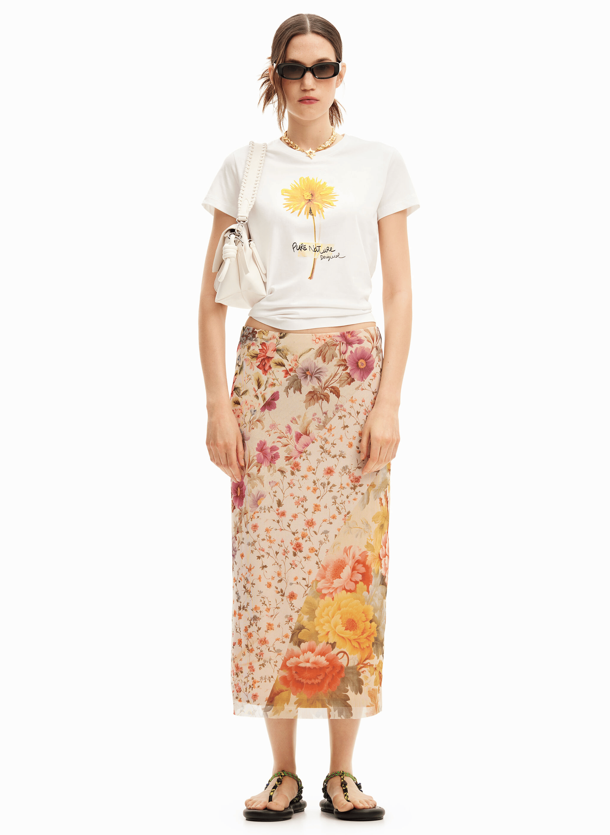 Tee-shirt col rond droit en coton imprimé | Blanc