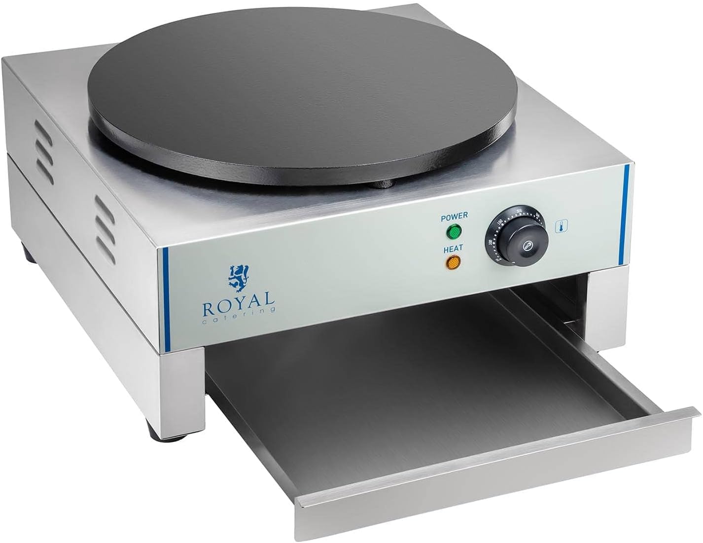 Royal Catering RCEC-3000-E Crepes Maker Crepeseisen (Ø 40 cm, 3.000 W, Gusseisen mit Emaillebeschichtung, Edelstahl, herausziehbares Fach + Teigverteiler)