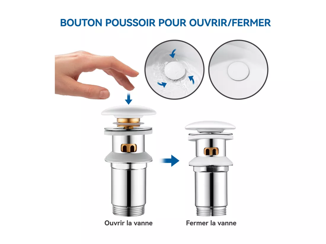 Auralum max Bonde Lavabo Universel Pop Up avec Filtre Anti-Clogging,Bonde Lavabo Salle Bain avec Trop Plein,avec Couvercle Céramique,Blanc