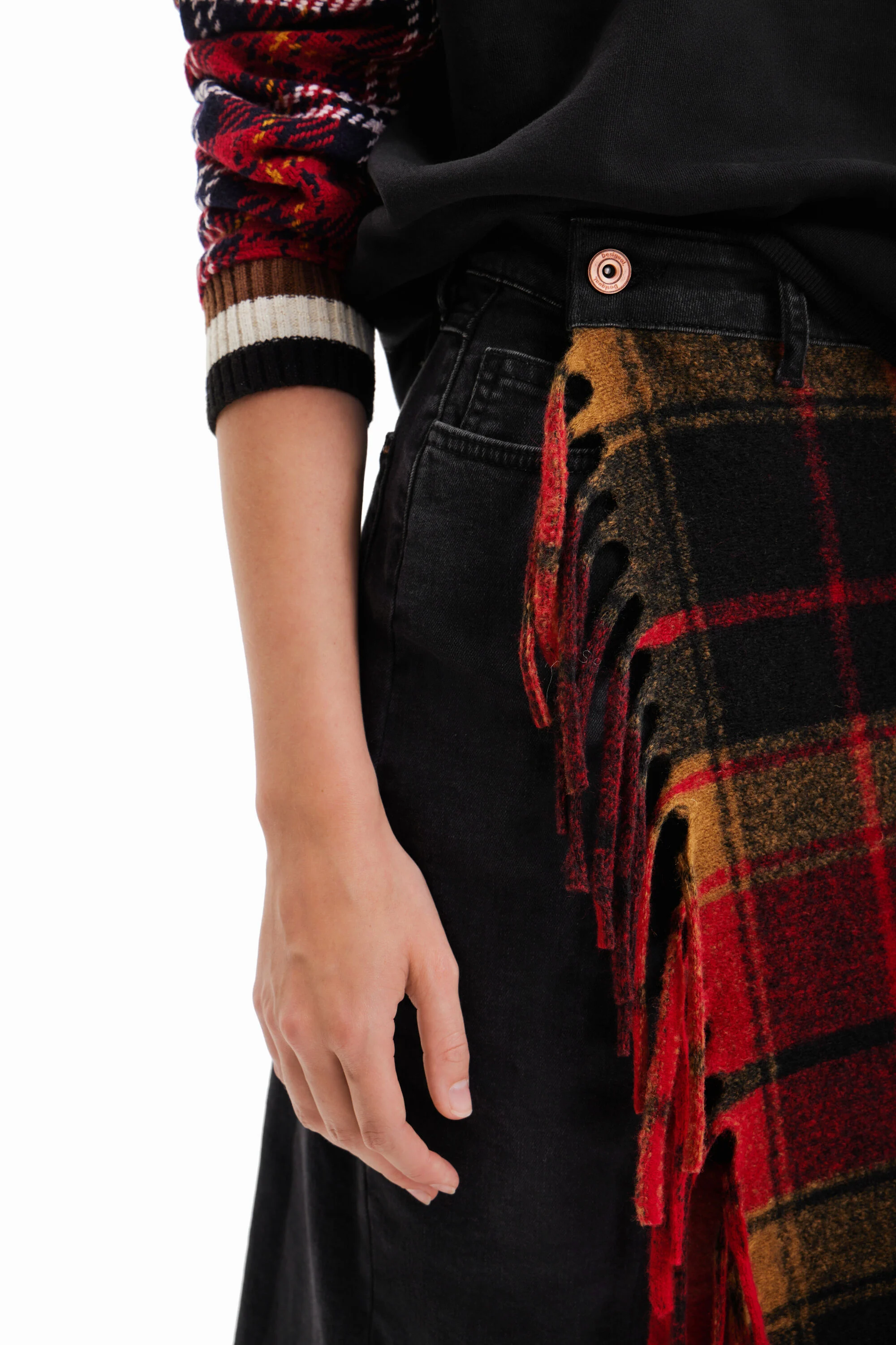 saia midi xadrez jeans