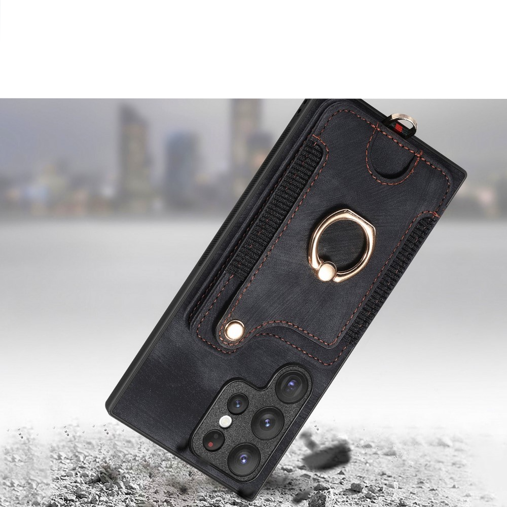 Samsung Galaxy S23 Ultra 5G Necklace Leder Hülle mit Kartenfächer   Finger Griff Halterung   Handykette (RFID Schutz) - Schwarz