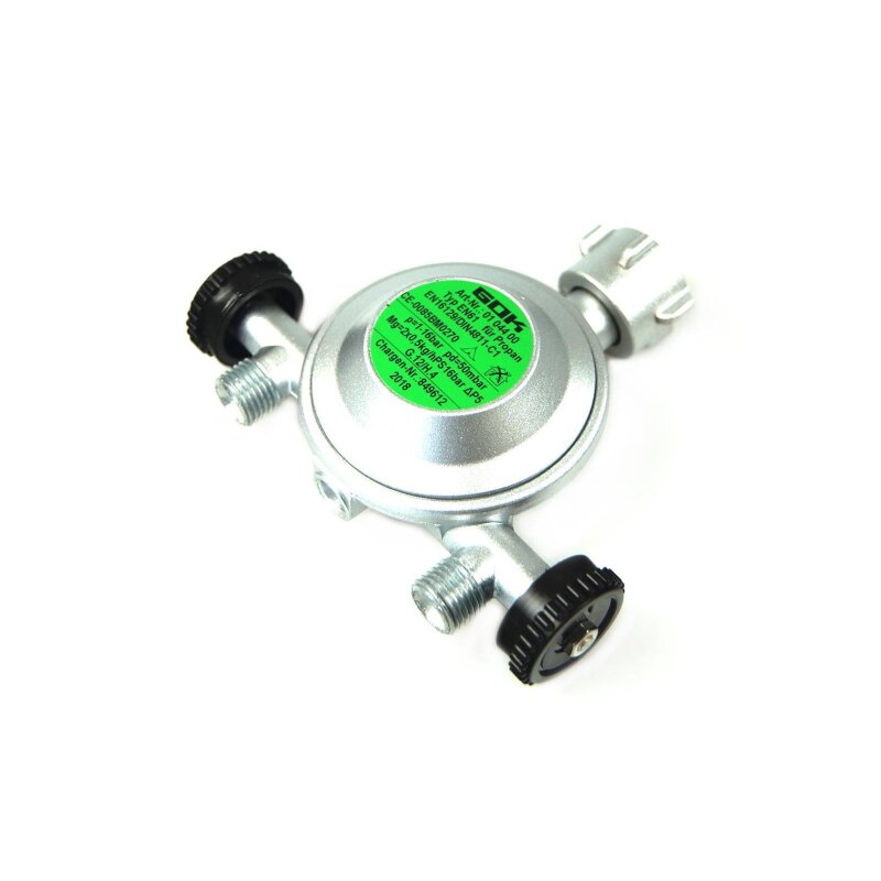GOK Gasdruckregler EN61 - 1kg/h 50mbar mit 2 Abgängen G.12 -> G 1/4 LH