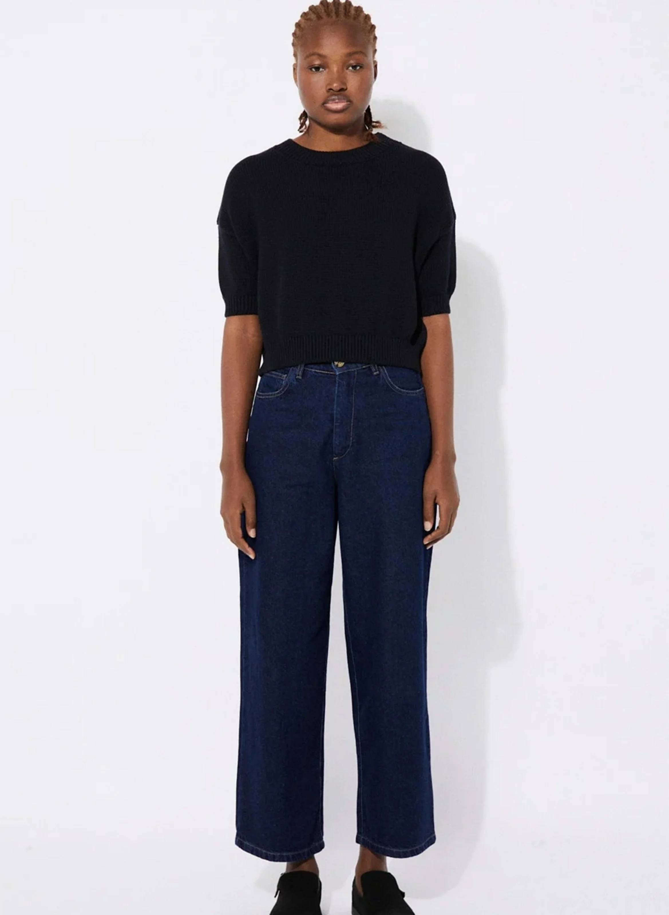 PATTIE - Pull court col rond en coton | Noir