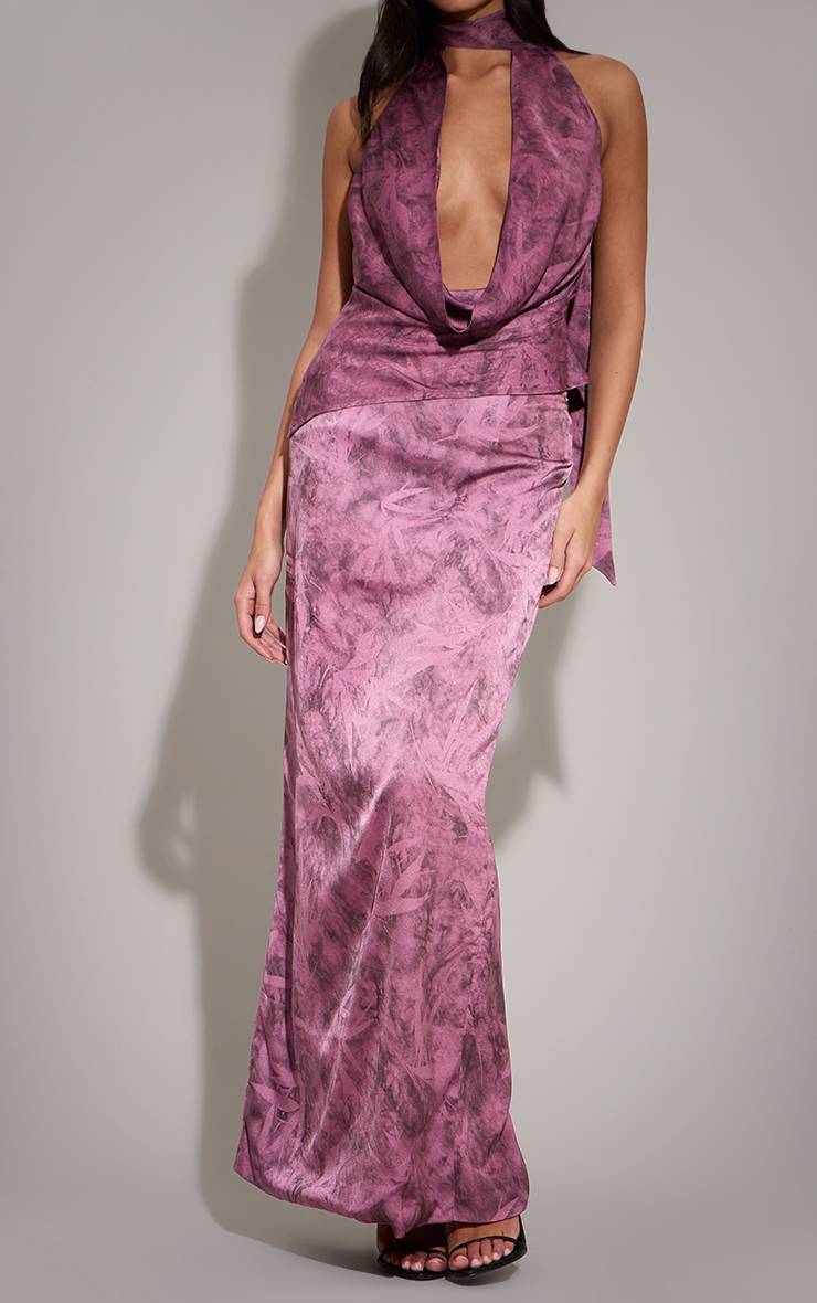 Violet Jupe Longue Droite En Satin Imprimé