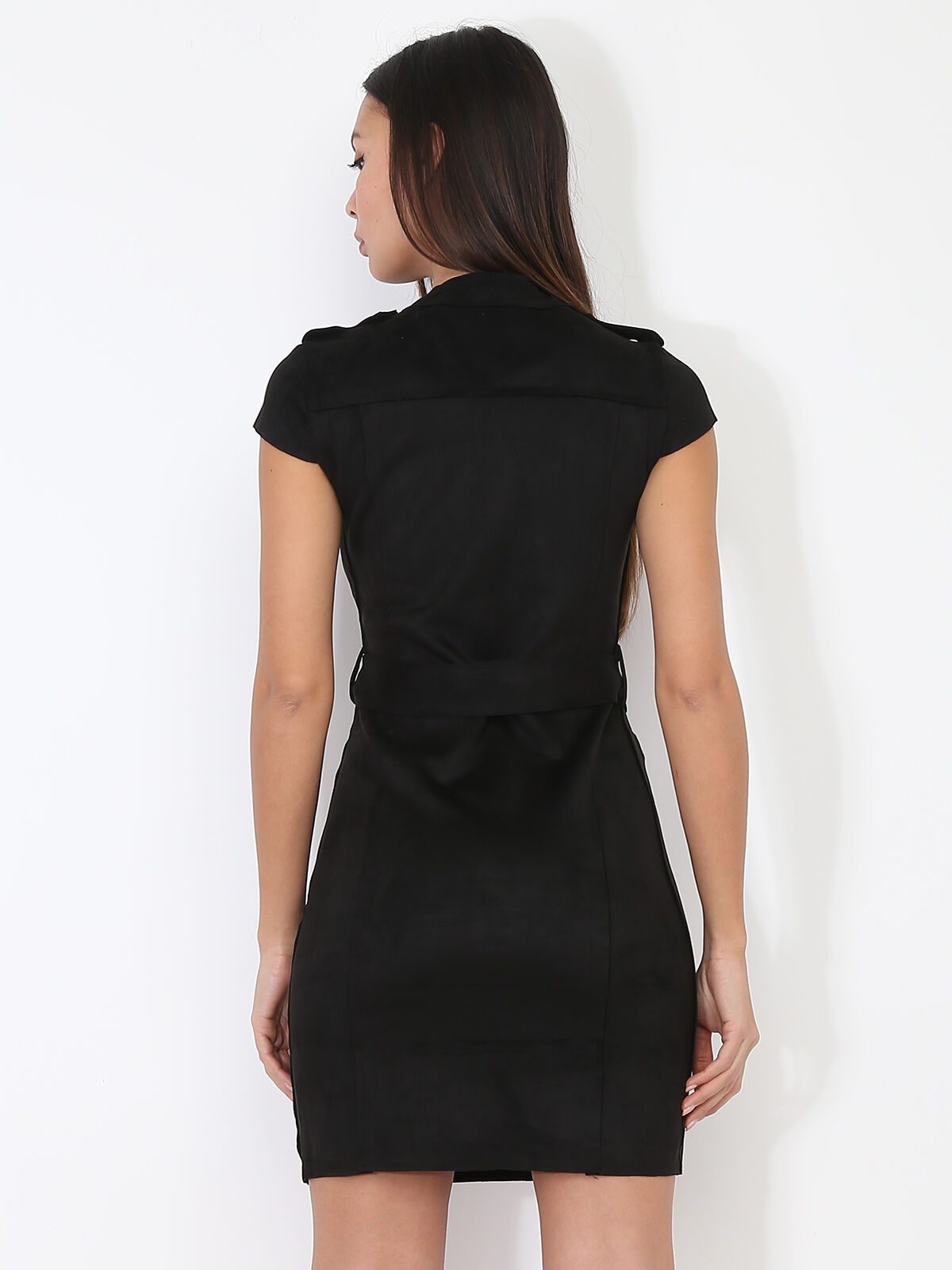 Robe en suédine à zip et ceinture- Noir