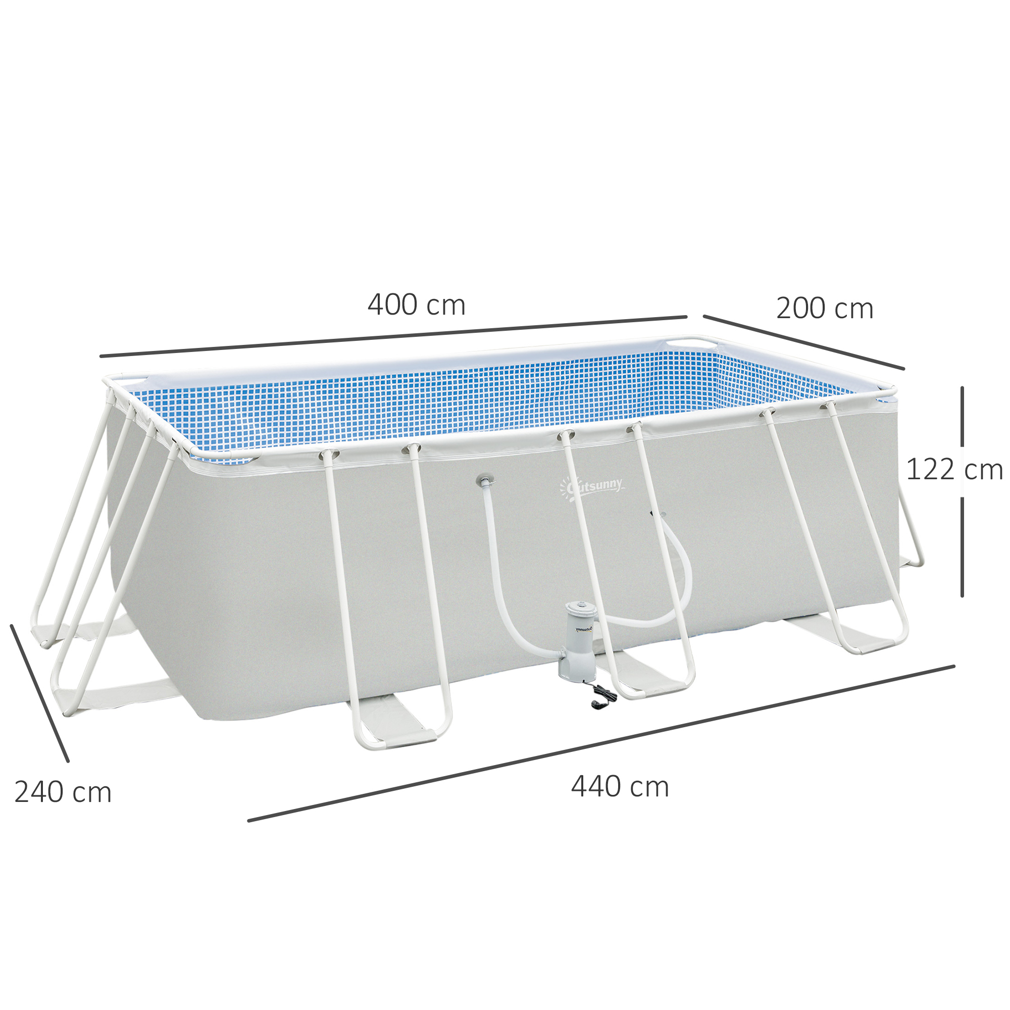 Piscina retangular removível Outsunny de 440x240x122 cm para uso externo, com bomba de filtro de cartucho de 4.000 L/h e estrutura de aço de 9.760 L, cinza.