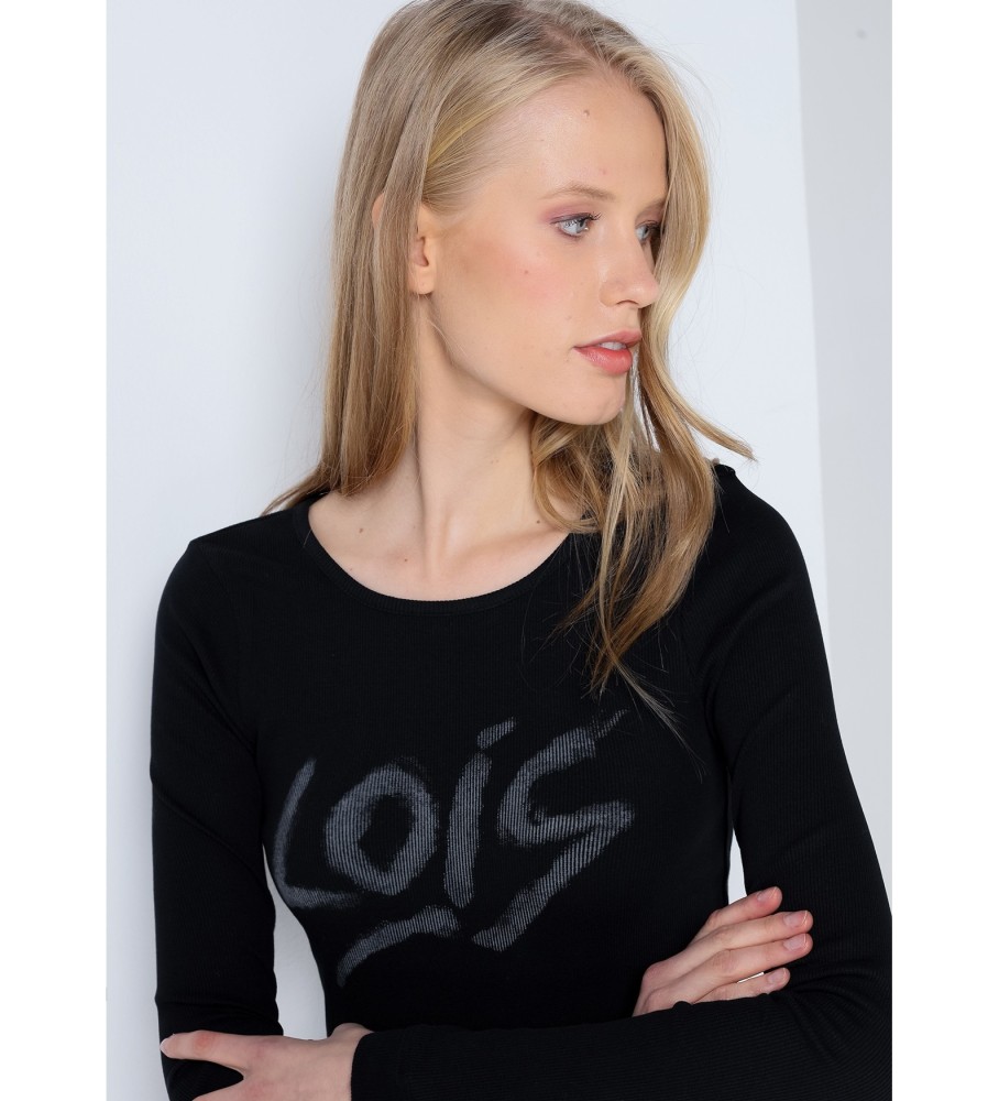 Camiseta preta de manga comprida e corte justo Lois