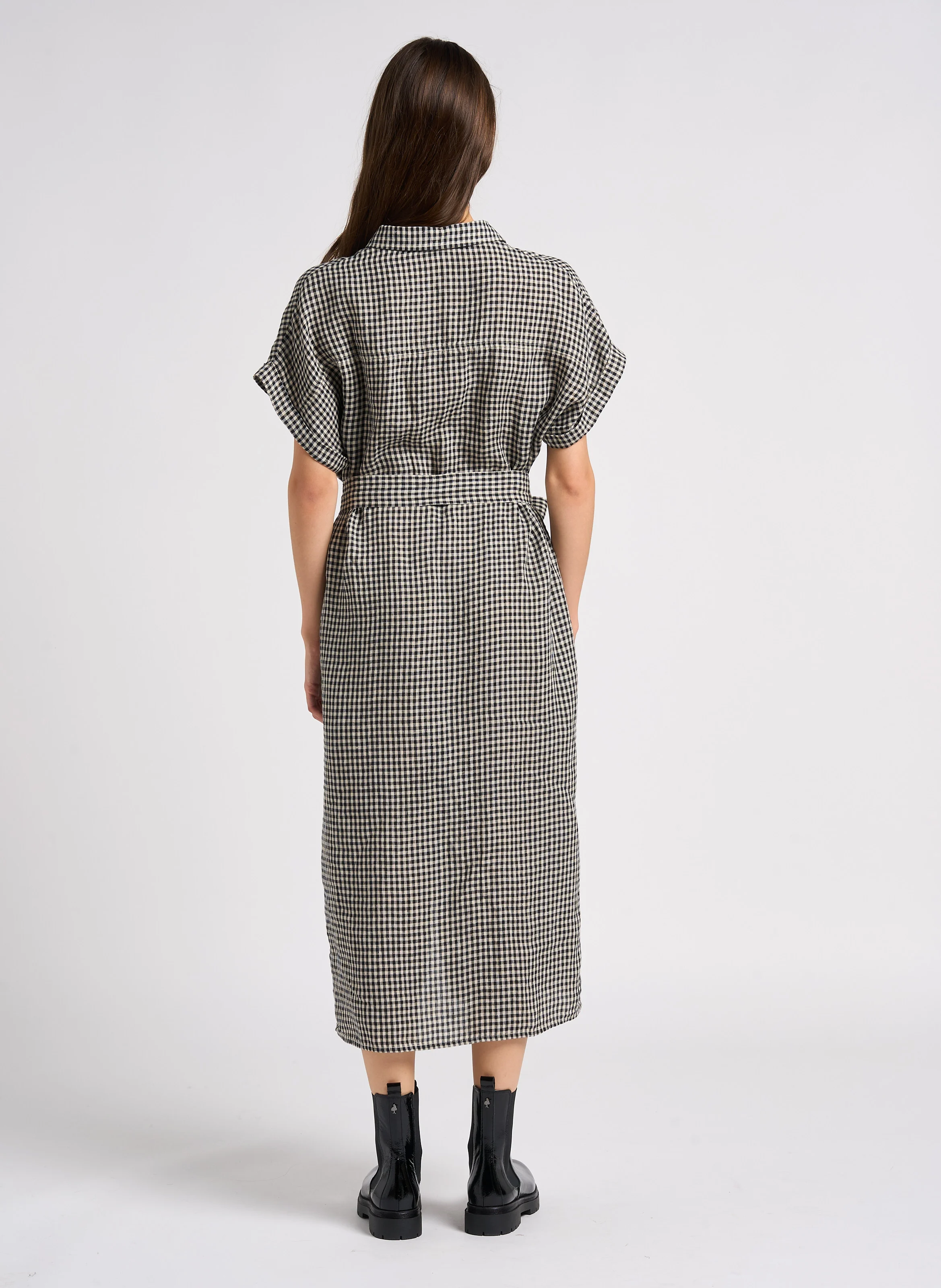 MALOU - Robe chemise midi imprimée en lin| Noir