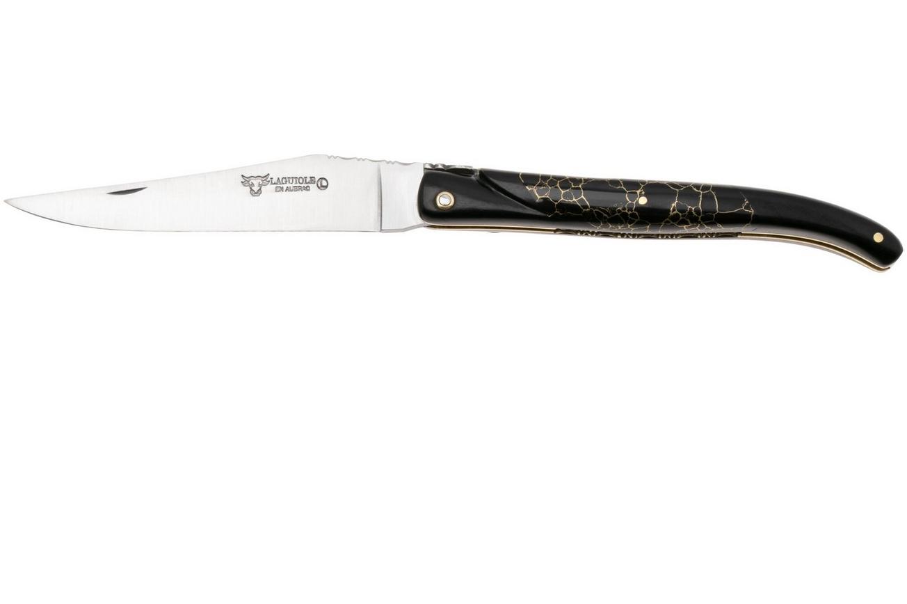 Laguiole en Aubrac Ebony, Onyx Gold Inlay, Handcarved Gold Brass Plates, zakmes, 12 cm