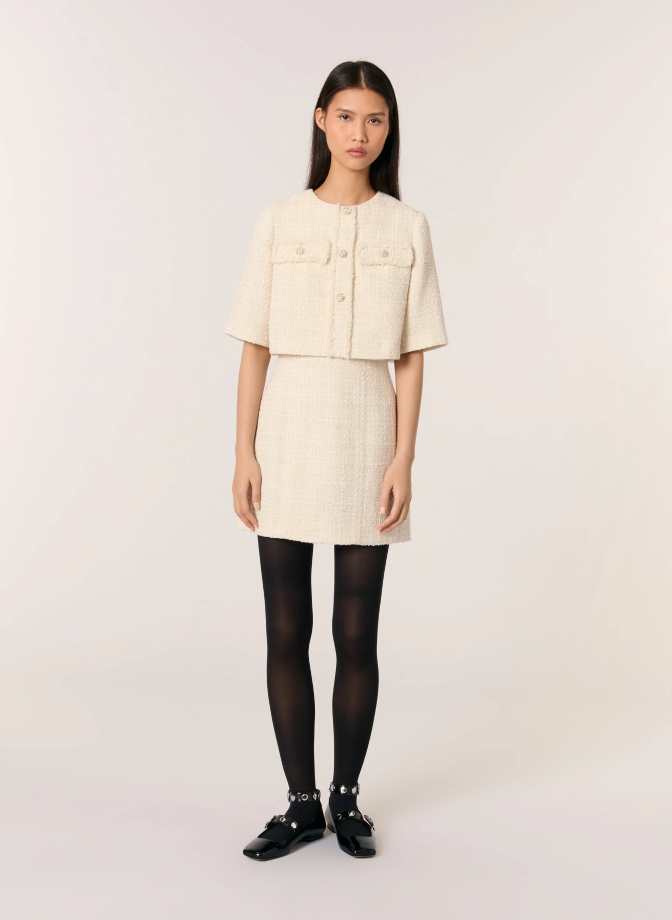 Robe courte col rond en coton mélangé | Beige