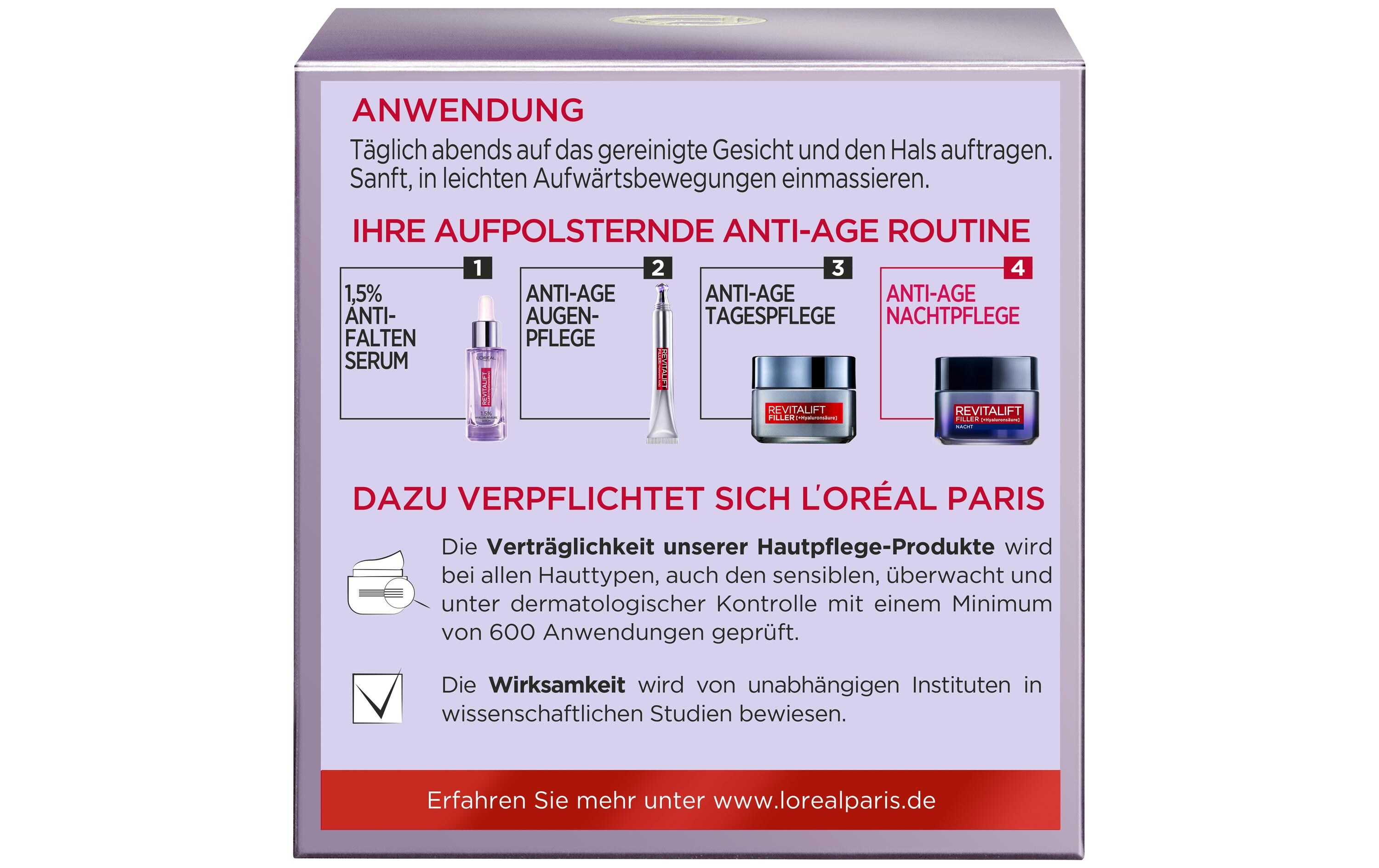 Nachtcrème Revitalift Filler +Hyaluronsäure 50 mlIntensiv aufpolsternde Anti-Age Gesichtspflege