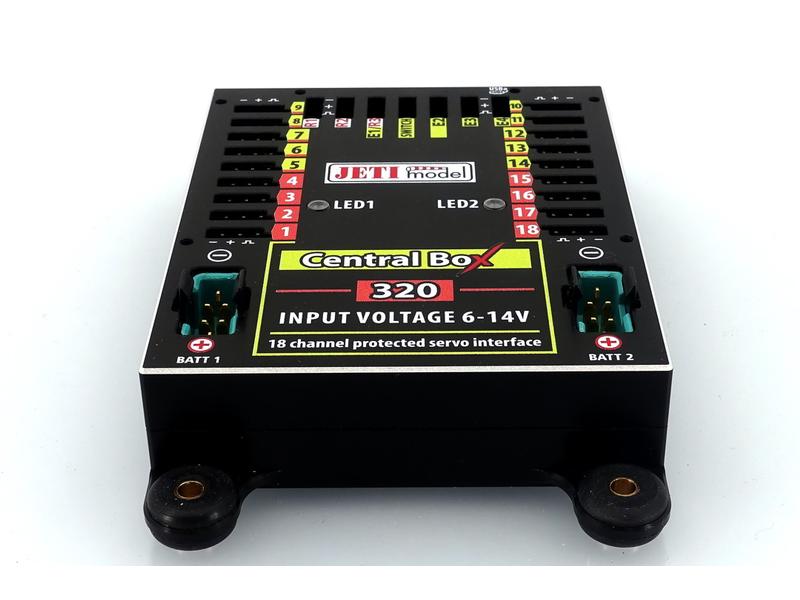 Jeti Akkuweiche Central Box 320 mit 2x Rsat2 und RCSW Umfassendes Management mehrerer Servos in einem Modell mit hohen Sicherheitsansprüchen