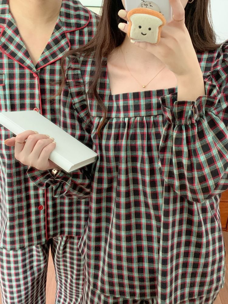 Tanee - Koppel bijpassende pyjamatop met pofmouwen en ruches, geruit, top, shirt, broek en set