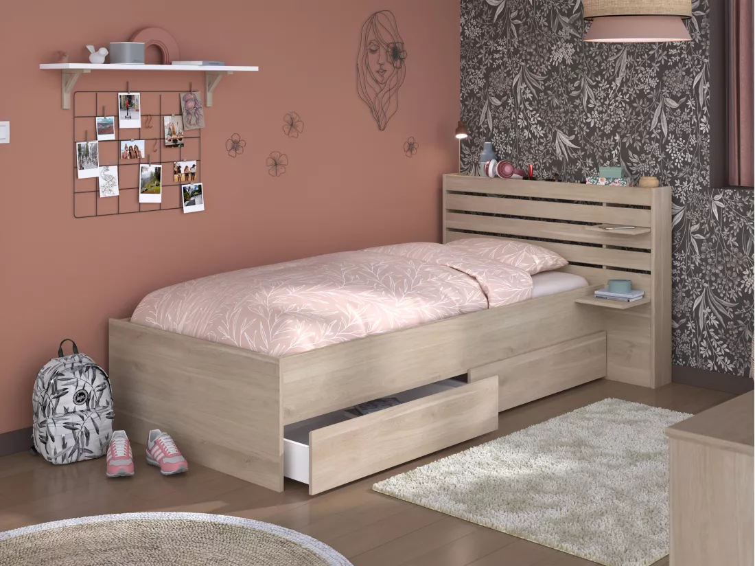 Lit 90 x 190/200 cm avec rangements - Coloris : Naturel - TENALIA