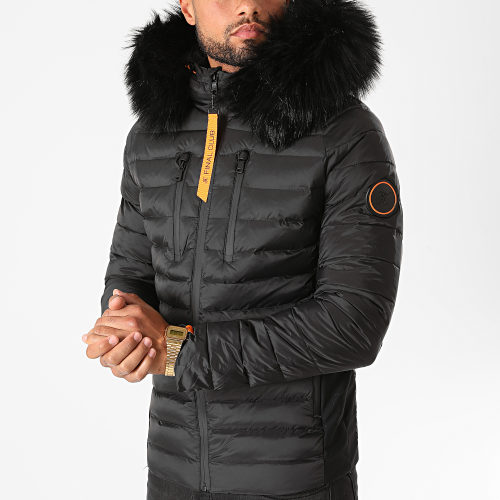 Doudoune Capuche Premium Tech Fourrure Noir Orange
