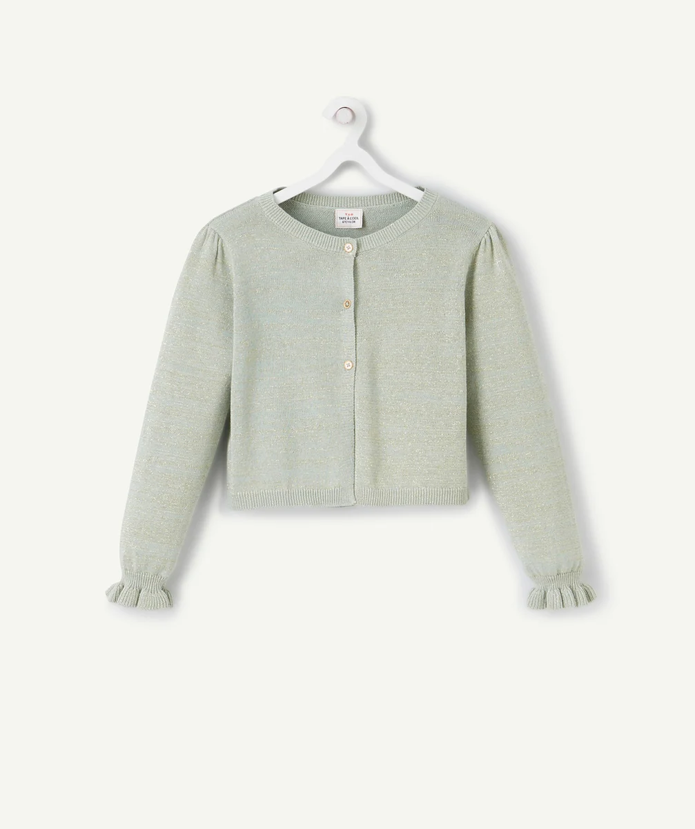 CARDIGAN FILLE EN TRICOT VERT D'EAU PAILLETTÉ