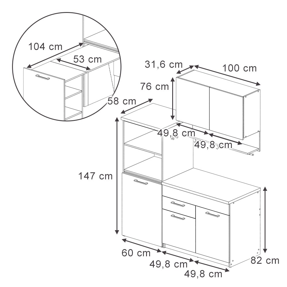 Vicco Singleküche Egbert Greige Eiche 160 cm mit ausziehbarem Tisch