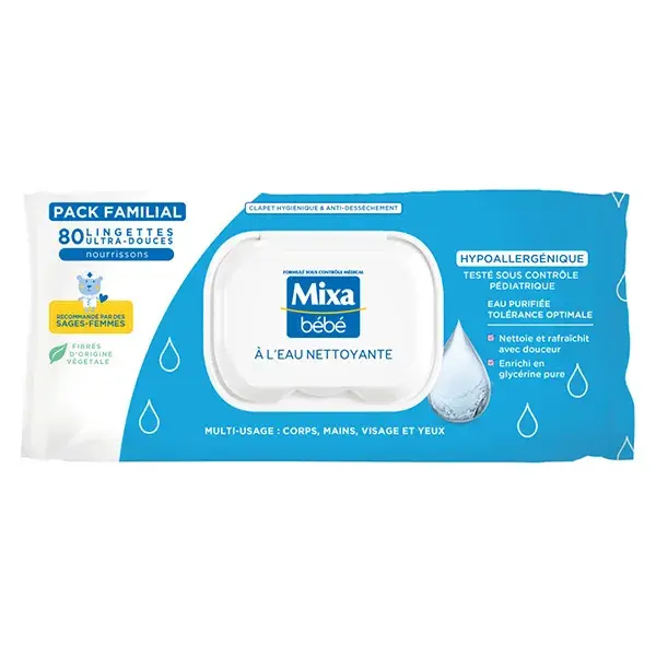 Lenços umedecidos Mixa Baby com água de limpeza x80