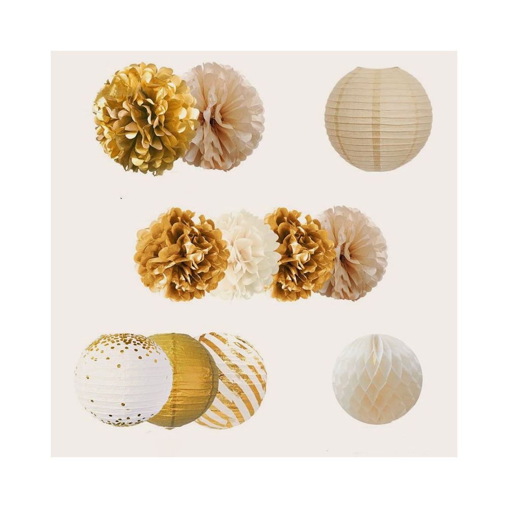 (11-tlg. Set) Papier Lampion Pompon's Deko Party / Geburtstag / Hochzeit - Gold
