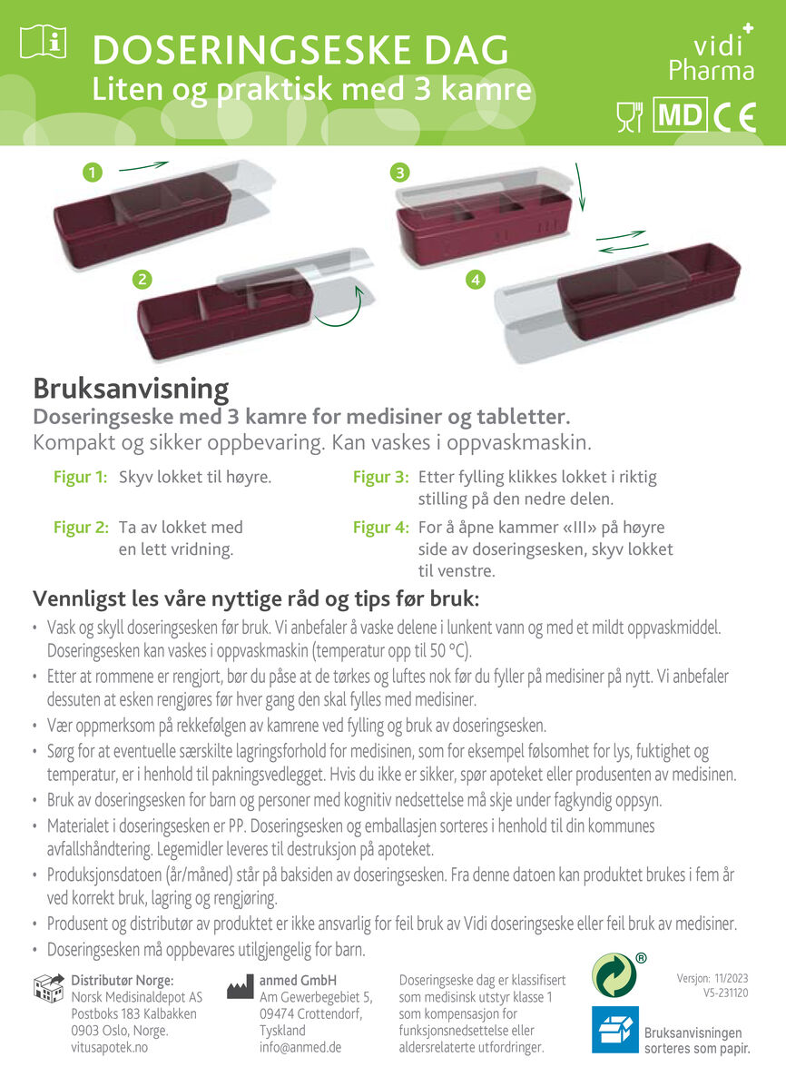 Vidi Pharma doseringseske dag, 3 kamre, assorterte farger 1 stk