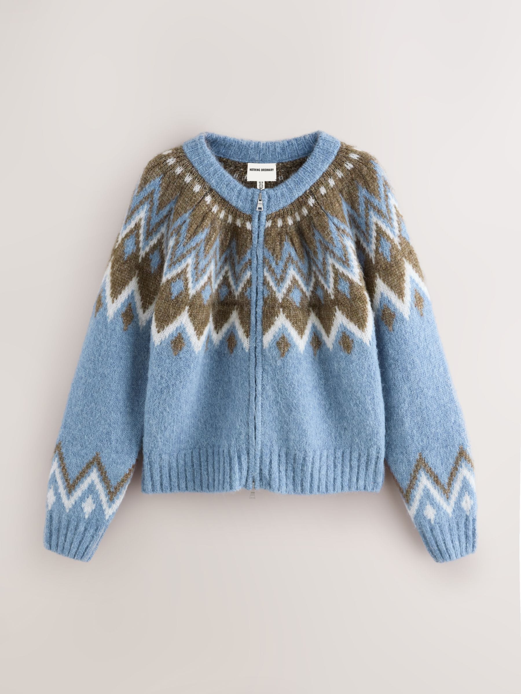 Blauw - Nothing Ordinary Check Fairisle Pattern Knit Zip Through Jumper With Wool