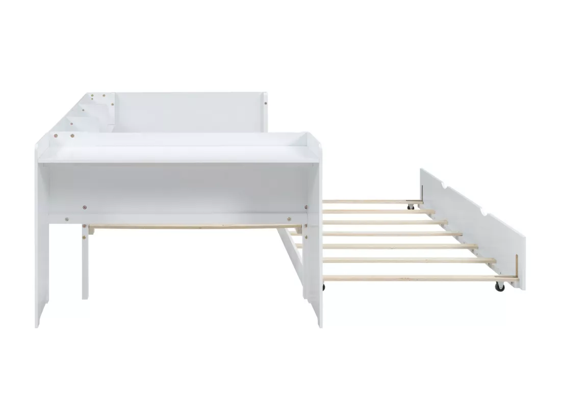 Lit gigogne 90x200cm+90x180cm, avec petit bureau, trois étagères sur le côté du lit, blanc