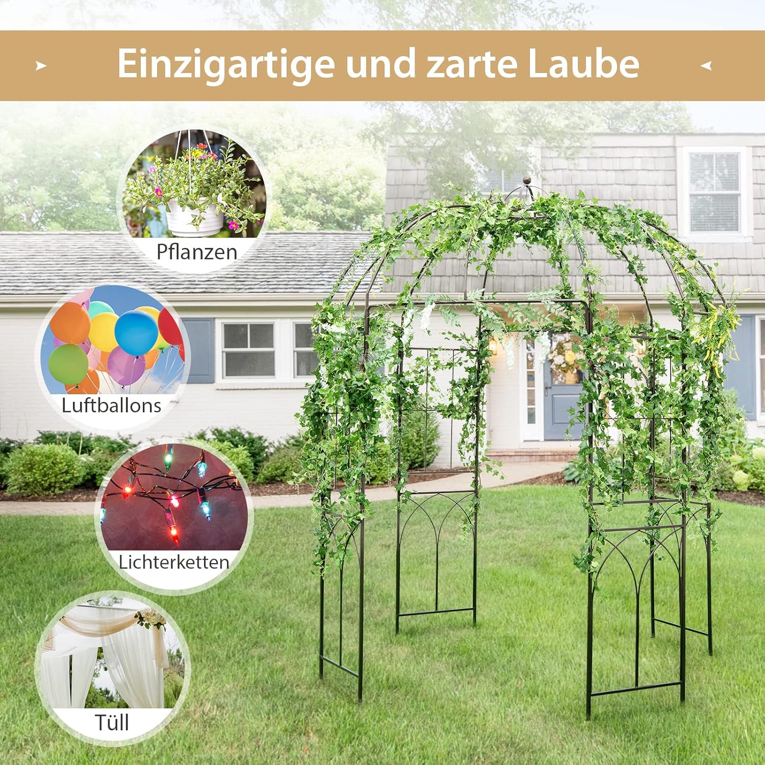 COSTWAY Rosenbogen, Metall Torbogen Rankhilfe Rankgitter Rankbogen Gartenbogen, Rosenpavillon für Kletterpflanzen, Hochzeit, 211 x 211 x 256 cm