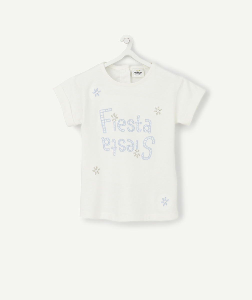 T-SHIRT BÉBÉ FILLE EN COTON BIOLOGIQUE BLANC AVEC MESSAGE BRODÉ