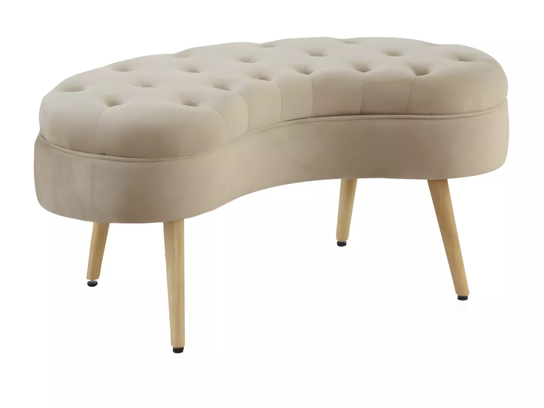 Banc tapissé en tissu velouté beige avec pieds en bois