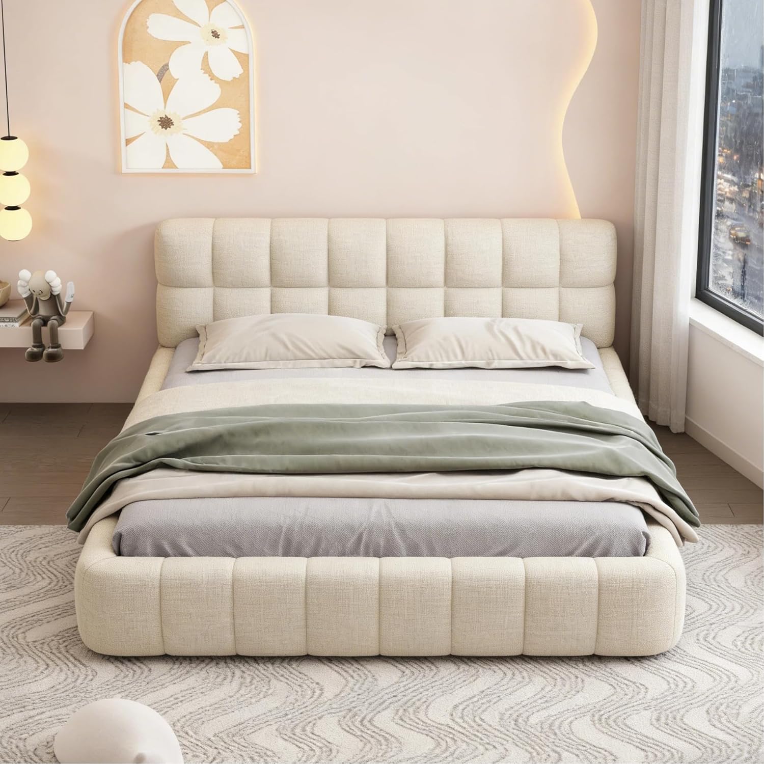 Polsterbett 160x200 cm Bubble Bett, Doppelbett mit Weiches Kopfteil, Jugendbett, Bettgestell mit Lattenrost, Leinen, ohne Matratze (Beige, 160 x 200 cm)