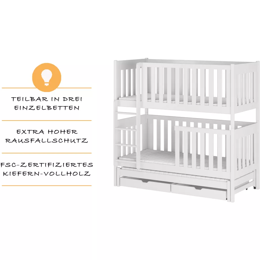 Kids Collective Hochbett 80x180 | 90x200 mit Ausziehbett Etagenbett mit Ausziehfunktion, Schubladen weiß