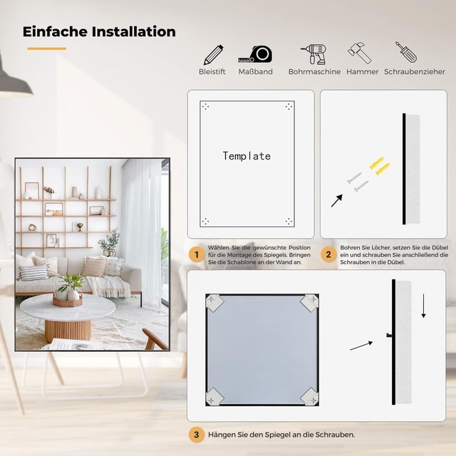 Loevschall Wandspiegel »Rechteckige Spiegel mit schwarzem Alurahmen, wendbar, einfache Montage« Spiegel für Schlafzimmer, Wohnzimmer, Garderobe, Flur und Badezimmer