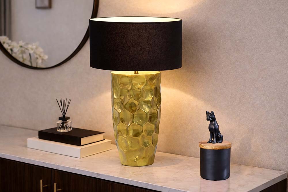 Handgefertigte Tischlampe AURELIA 55cm gold schwarz Hammerschlag-Design mit Stoffschirm