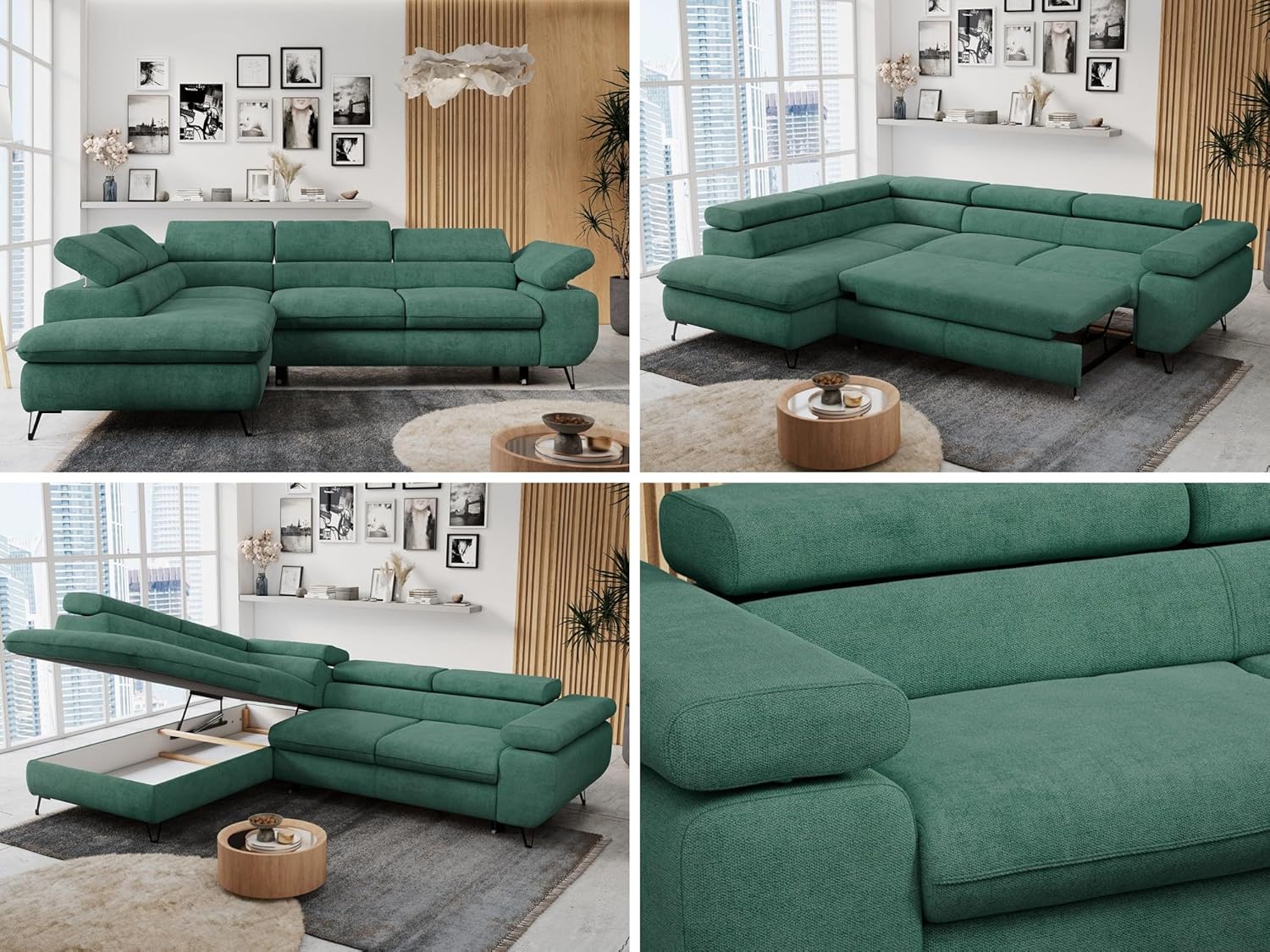 MKS MEBLE Ecksofa Wohnlandschaft L-Form mit Schlaffunktion und Bettkasten, Schlafsofa mit Bettkasten, Sofa mit Einstellbare Kopfstützen, Peter L - Stukture - Links Grün